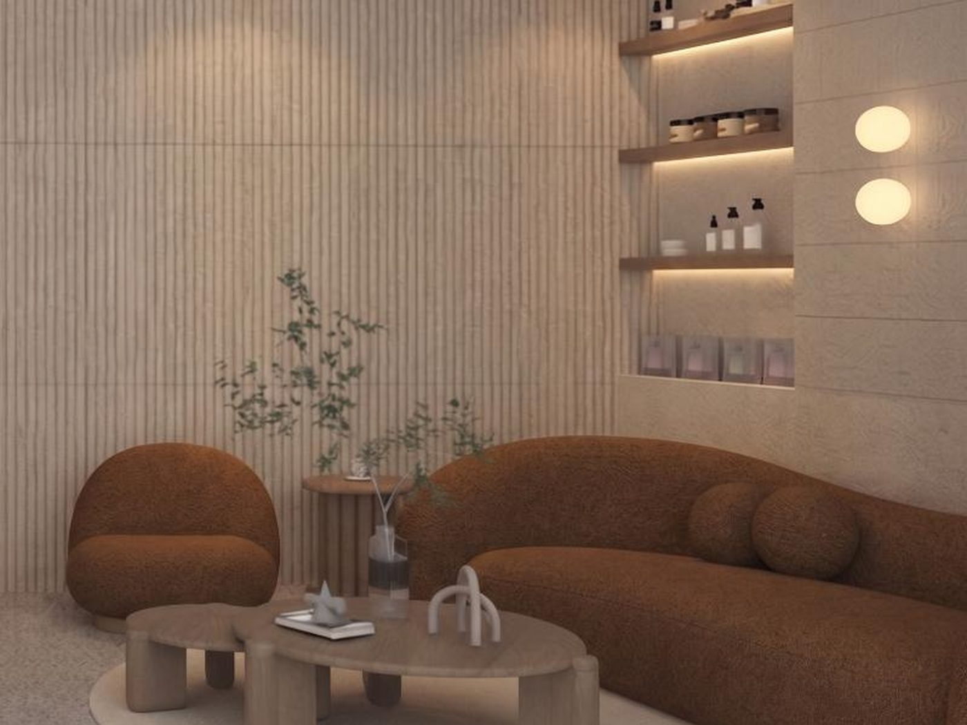 Concept image of a guest seating area with a rounded brown sofa, low coffee tables and lit product shelving