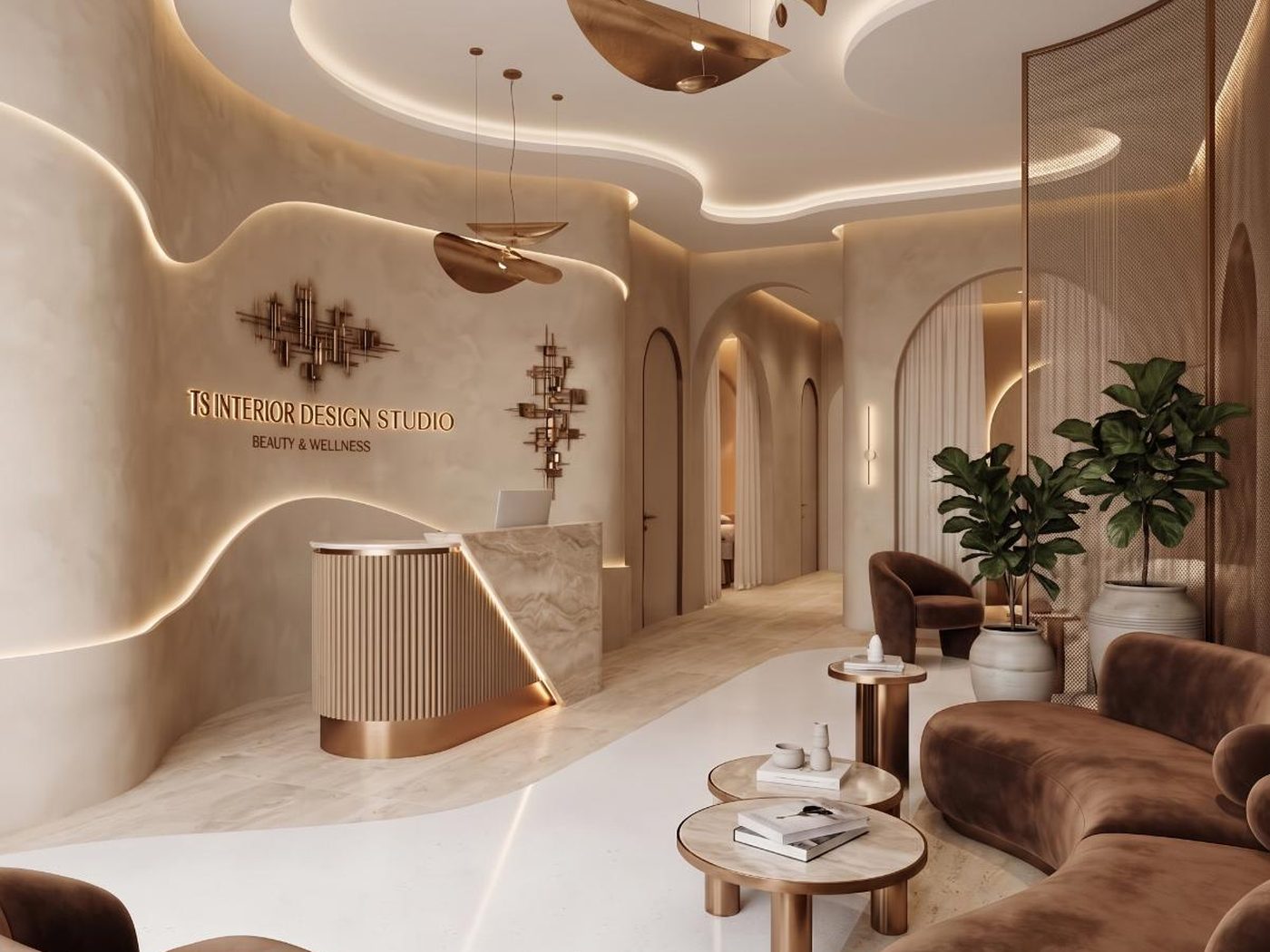 Concept image of the clinic reception with a curved reception desk, wave-shaped ceiling with warm lighting and brown lounge chairs
