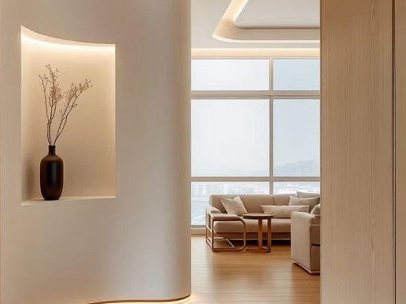 Concept image of a curved wall with a lit niche, a ceramic vase and a seating area visible at the end of the corridor