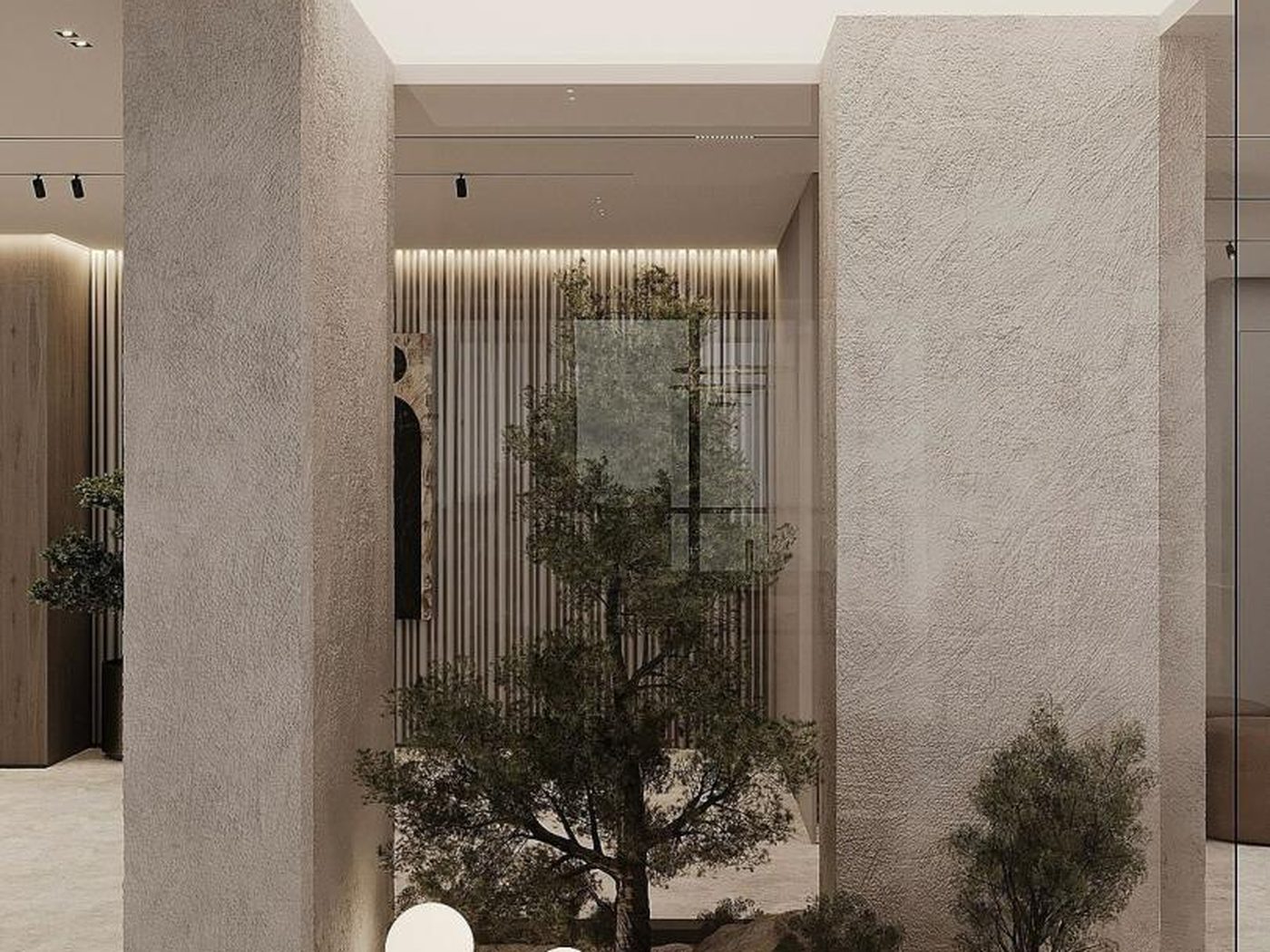 Concept image of an atrium with a small tree, stones and spherical lamps between textured concrete walls