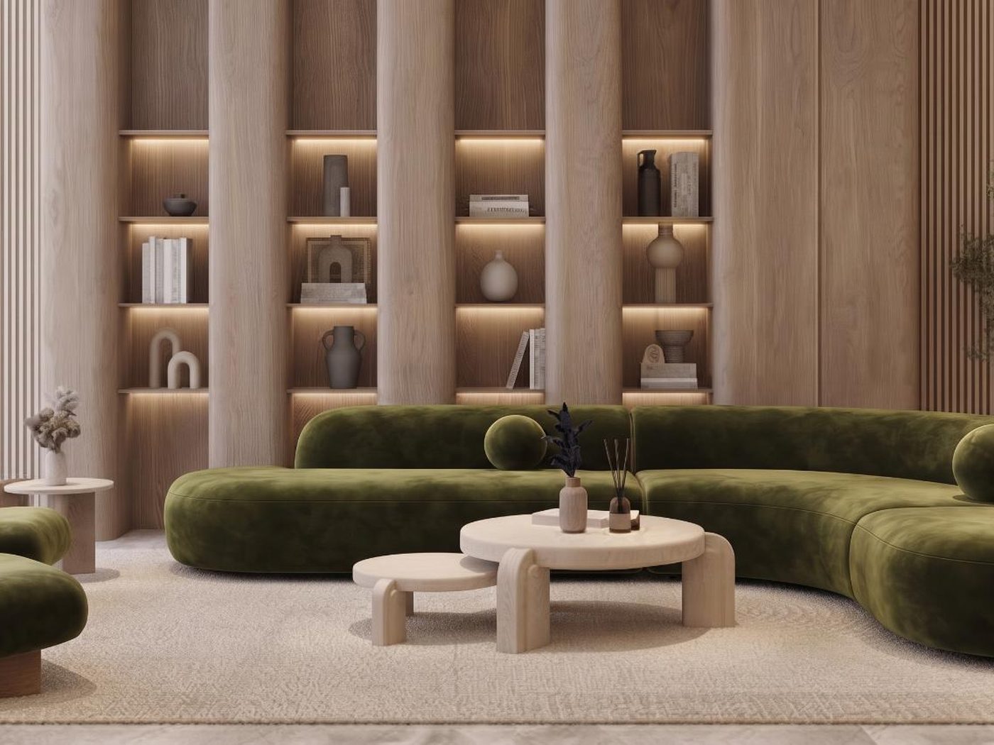 Concept image of a lounge with an olive-green curved sofa, round coffee tables and tall lit timber shelving